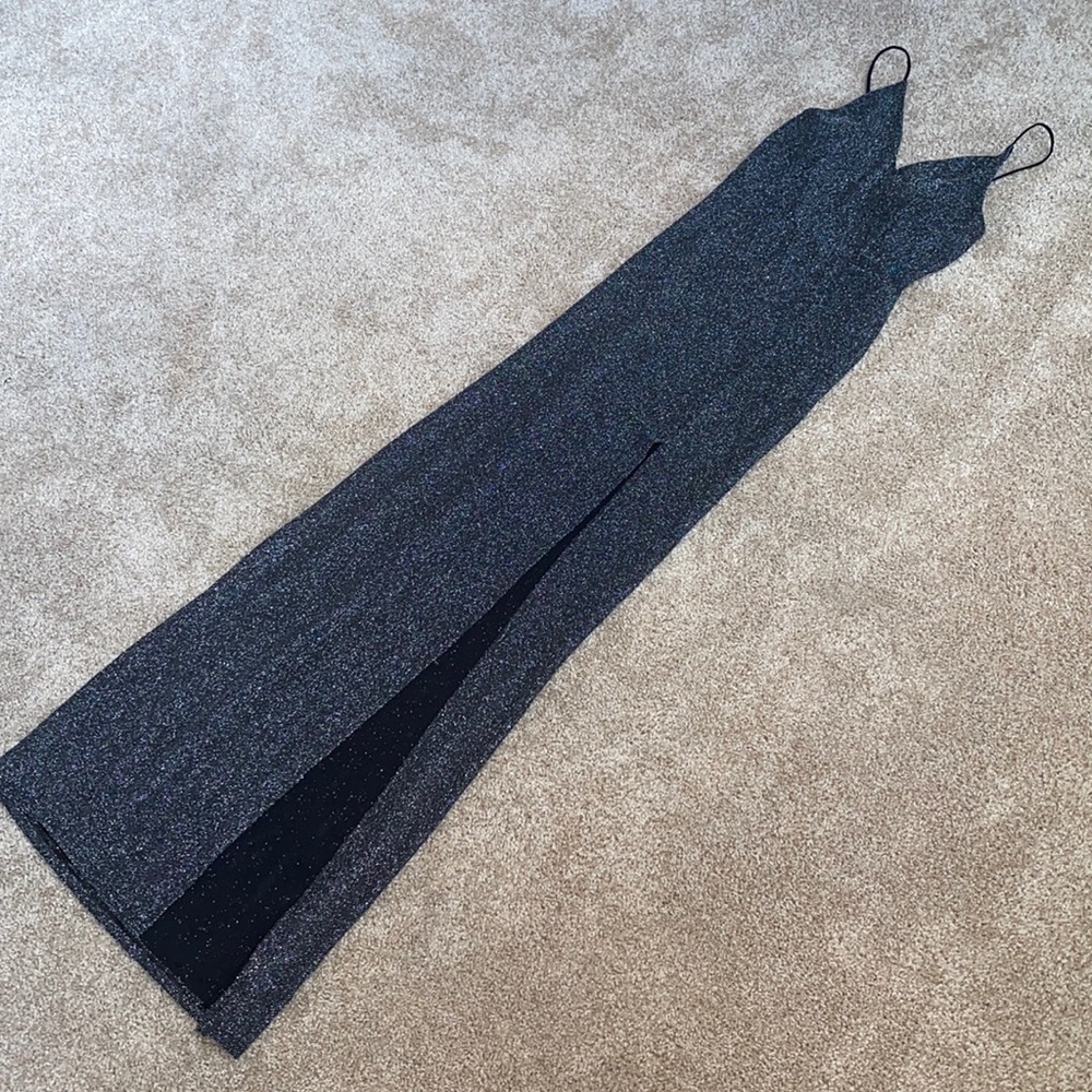 Fashion Nova black glitter gown with thigh slit.